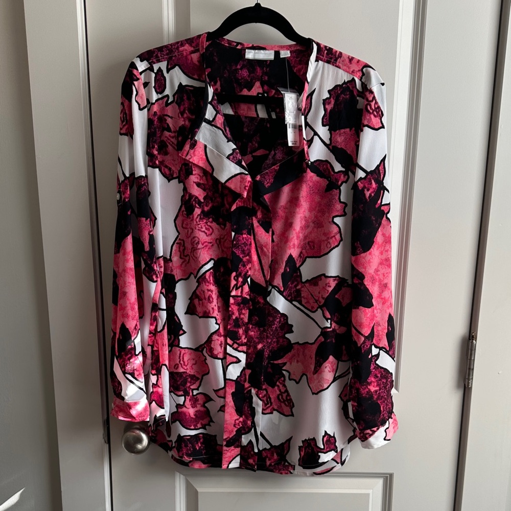 New York & Company Women's Pink Floral Print Long-Sleeve Blouse/Tunic